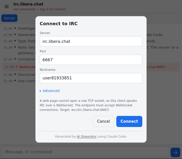 OnePageIRC screenshot